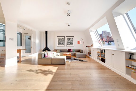 Living area with open fireplace