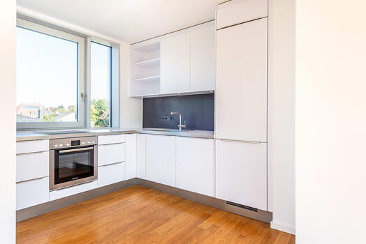 Kitchen with matt white fronts and brand appliances