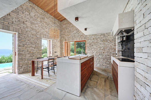 Open kitchen with dining area