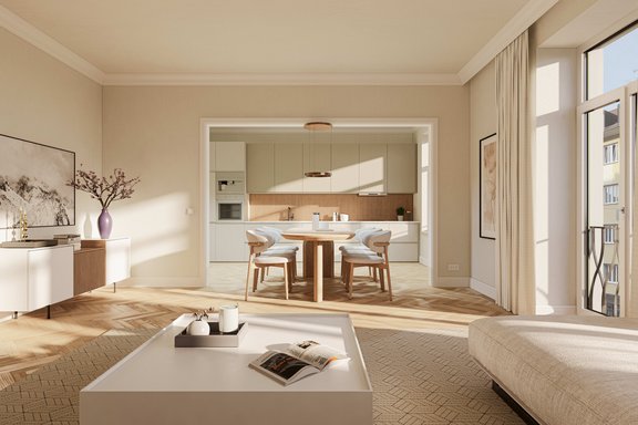 Ideal gestaltbarer Wohn,-Ess,-Kochbereich (Visualisierung)