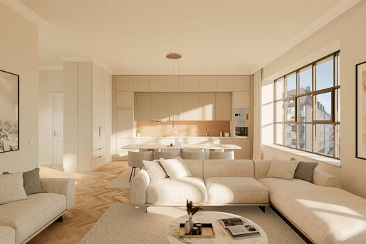 Ideally configurable living, dining and cooking area (visualized)