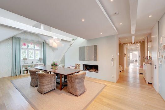 Dining area with open fireplace