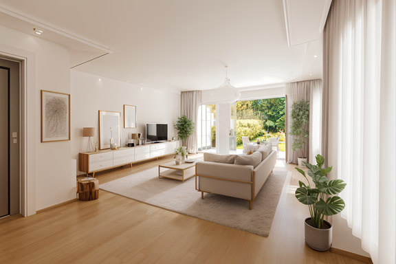 Lichtdurchflutetes Wohnzimmer (visualisiert)