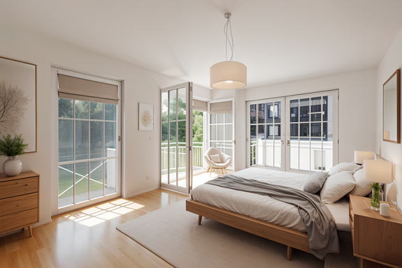 Helles Schlafzimmer mit Blick ins Grüne (visualisiert)