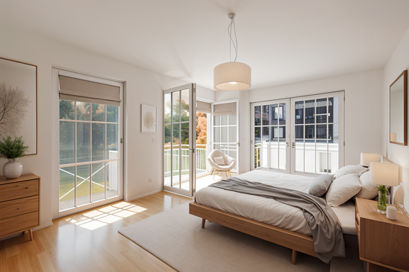 Bright bedroom with a view of the greenery (visualized)