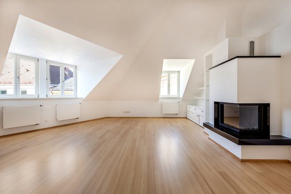 Living area with open fireplace