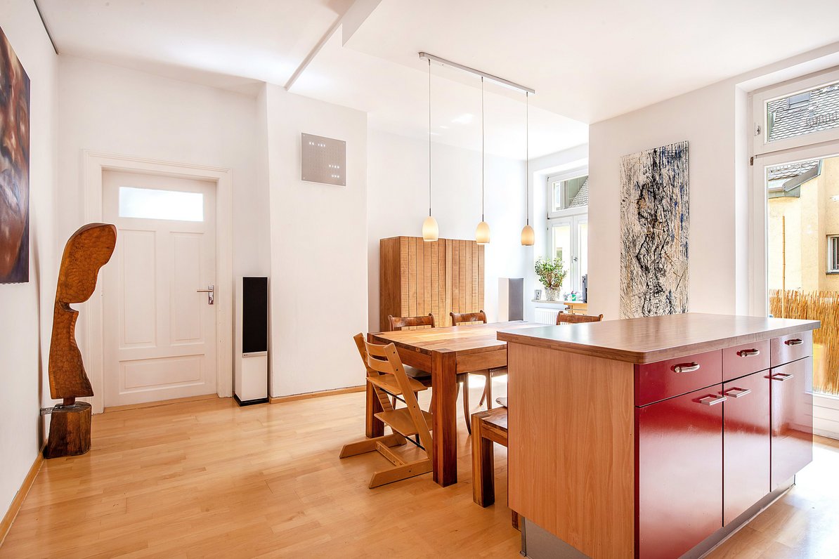 Large cooking and dining area with access to the balcony