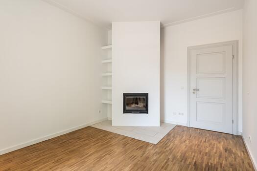 Living area with an open fireplace