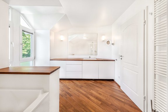 Bathroom with tub and large shower