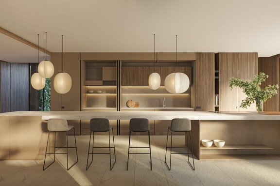 Minimalist kitchen with a warm atmosphere (rendering)