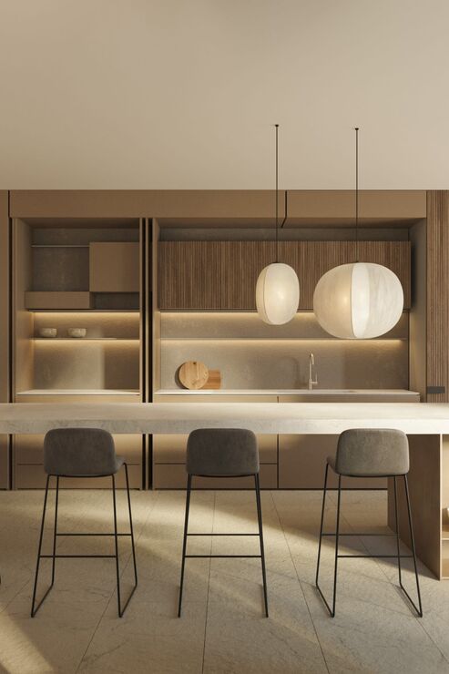 Minimalist kitchen with a warm atmosphere (rendering)