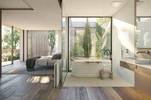 Master bathroom and bedroom featuring elegant natural materials (rendering)