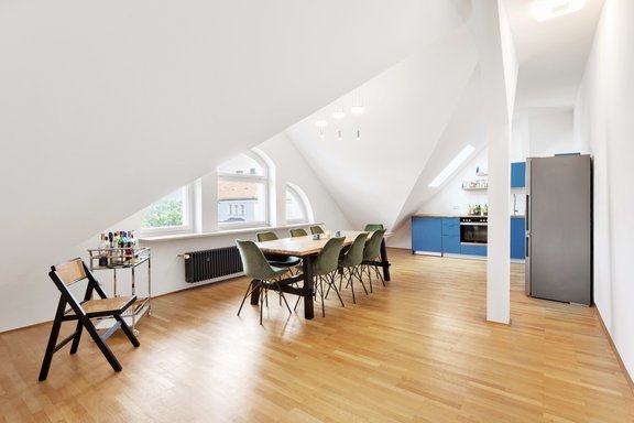 Open fitted kitchen with dining area