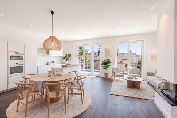 Living area with a fireplace (virtually furnished)