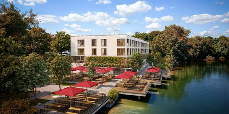 Direktlage am Lerchenauer See: 3.876 m² Ufergrundstück mit Baugenehmigung für Hotel mit Biergarten