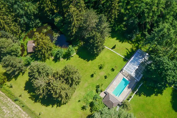 Aerial view pond and pool