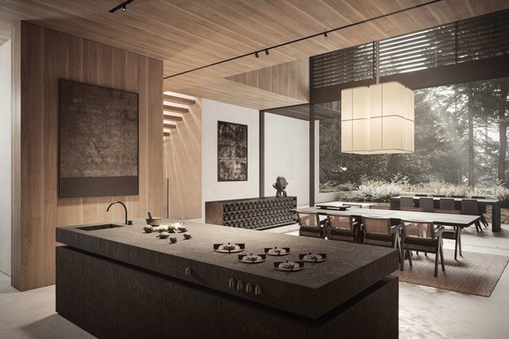 Designer kitchen surrounded by greenery