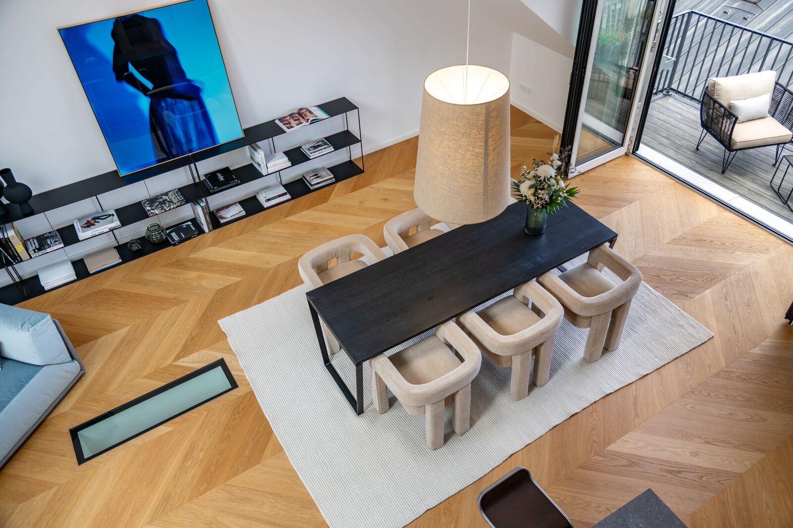 Dining under a bright skylight