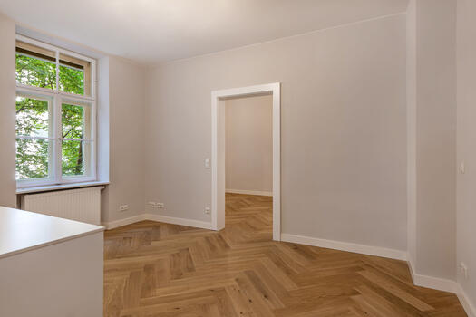Living area with kitchen block
