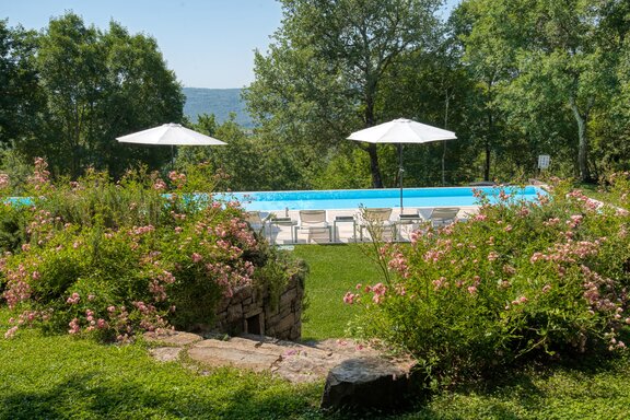 Poollandschaft inmitten alter Baumbestände