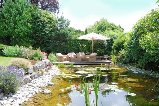 Pond with seating area
