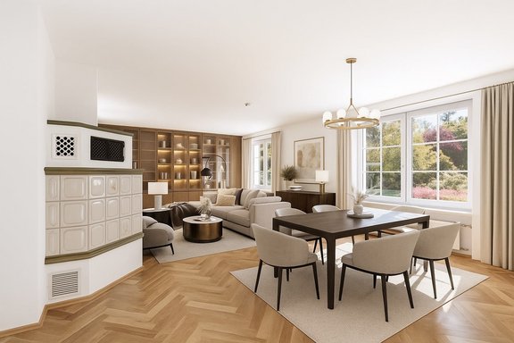 Living room with tiled stove (visualized)