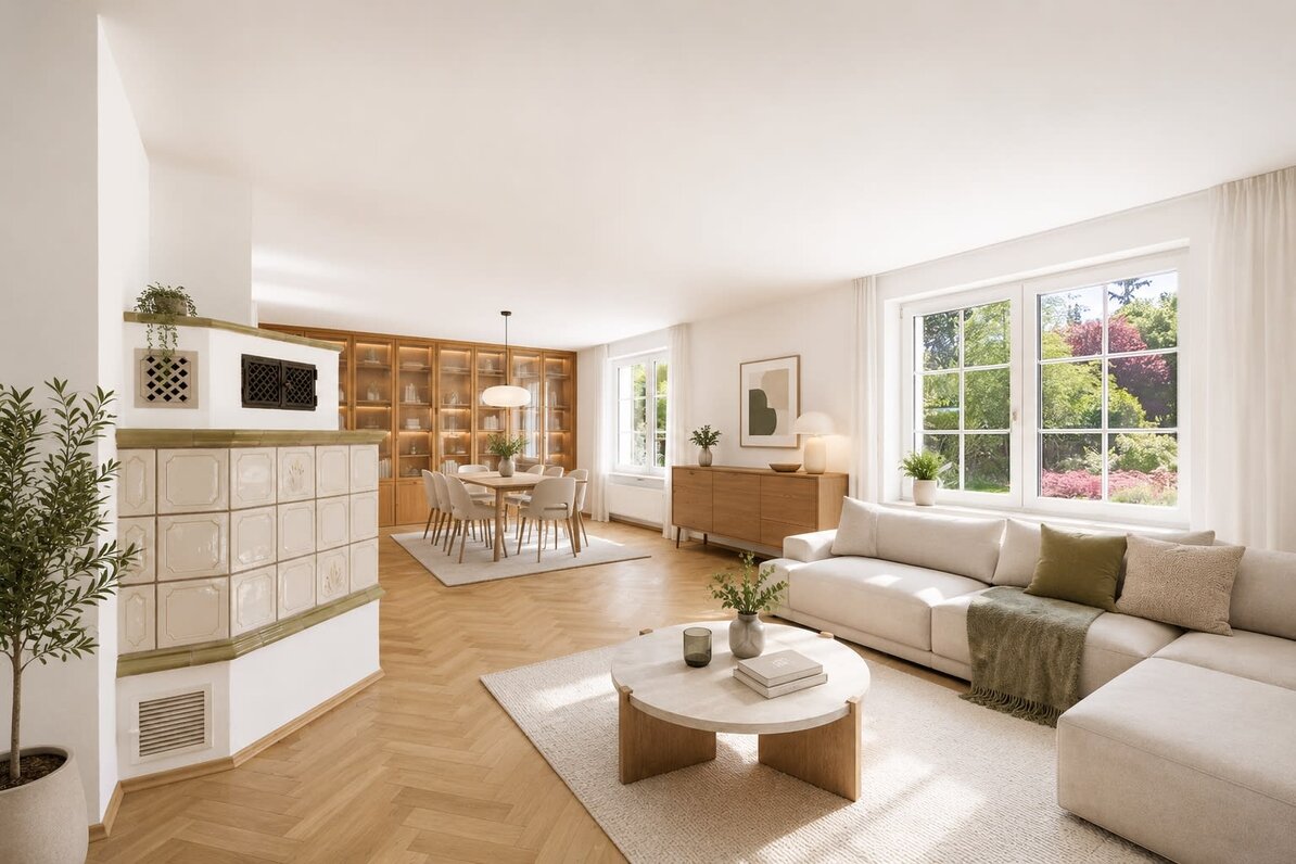 Wohnzimmer mit Kachelofen (visualisiert)