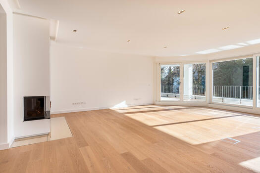 Living area with corner fireplace