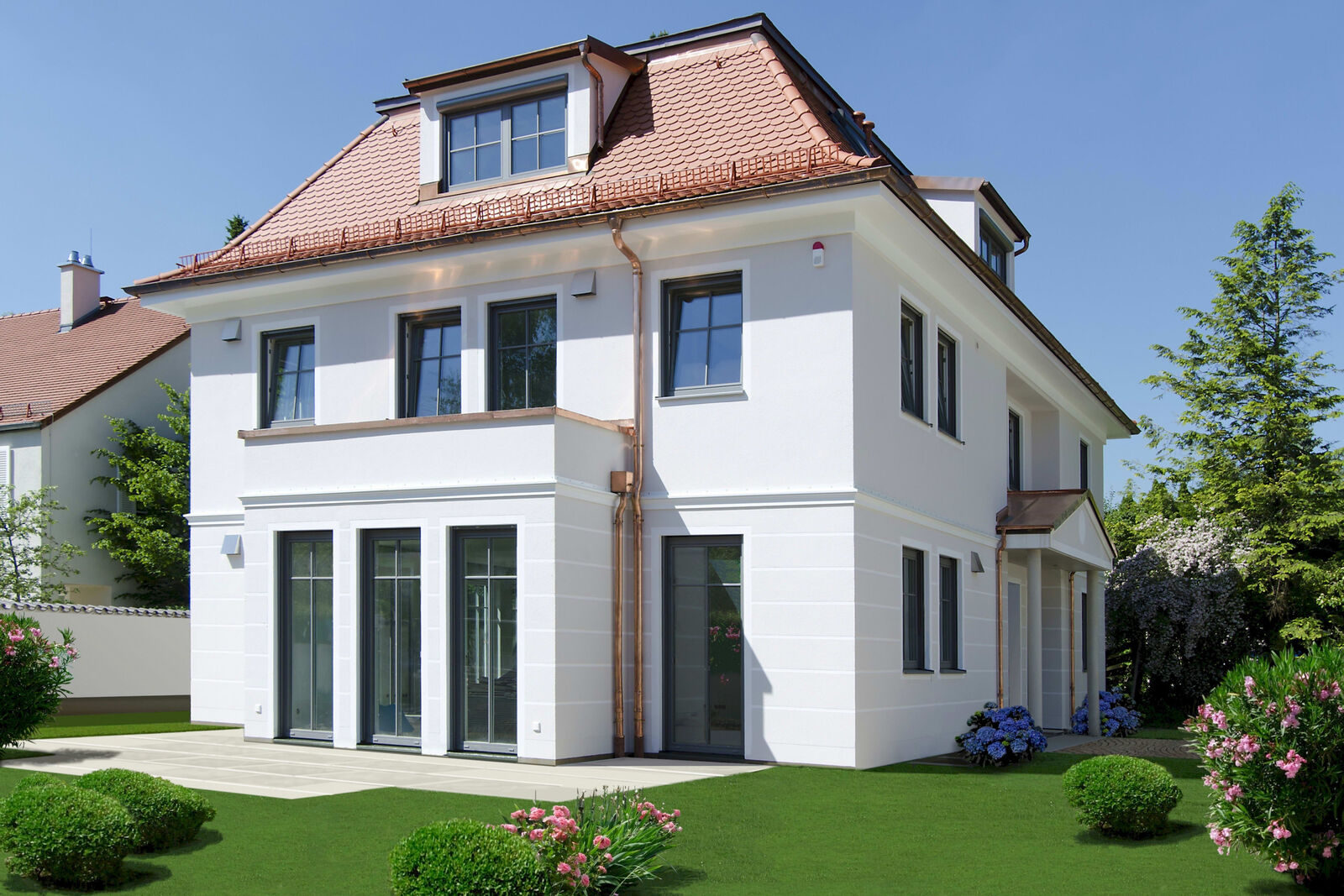 Hausansicht mit visualisiertem Garten (ohne Garage)