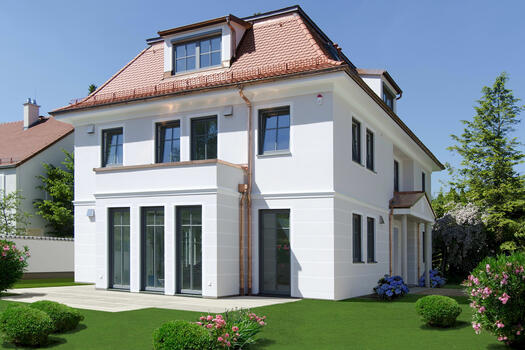 Hausansicht mit visualisiertem Garten (ohne Garage)