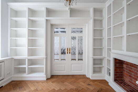Library with decorative fireplace