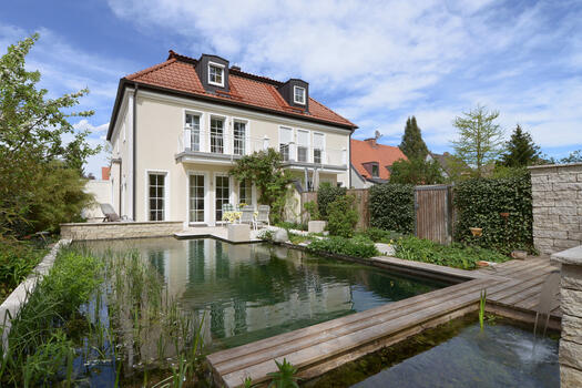 South garden with terrace and wooden deck
