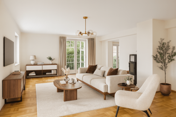 Weitläufiges Wohnzimmer mit Zugang zum Wintergarten (visualisiert)
