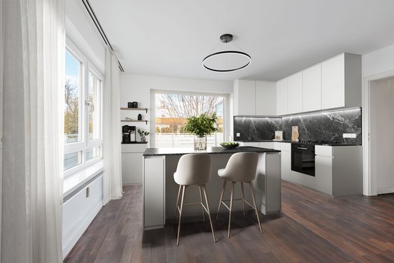 Virtuell möblierte Küche mit Zugang zur Dachterrasse