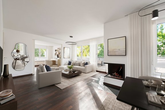 Wohn-/Essbereich und flexibel abtrennbares Zimmer (virtuell möbliert)