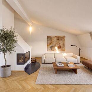 Living area with a fireplace (virtually furnished)