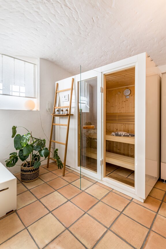 Wellness area with a sauna in the basement