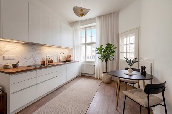 Open-concept kitchen with dining area (Visu)