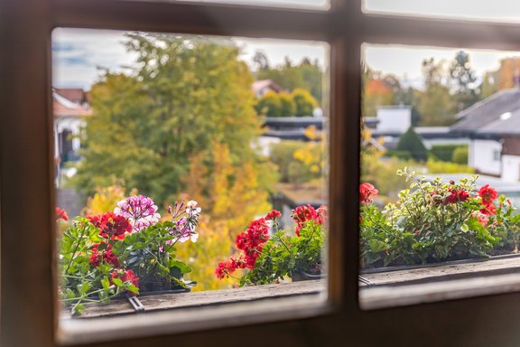 Balkon mit Blumenschmuck