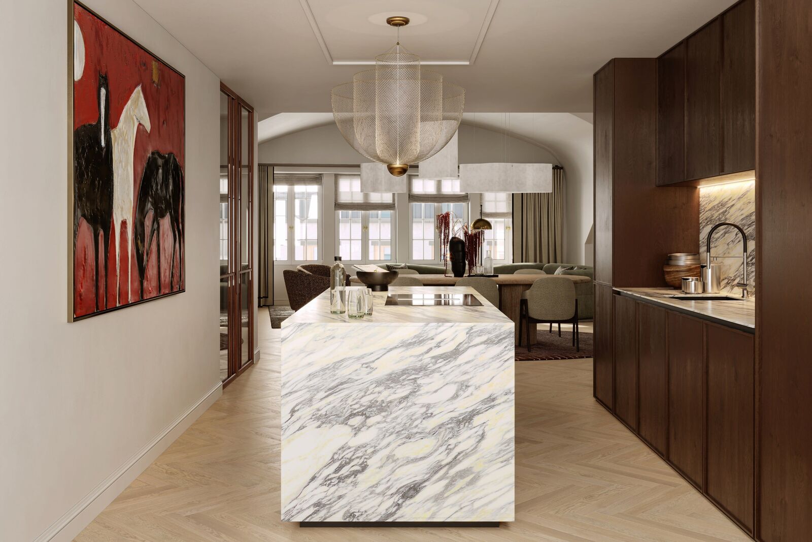 High-quality custom-built kitchen with brand-name appliances (rendered)