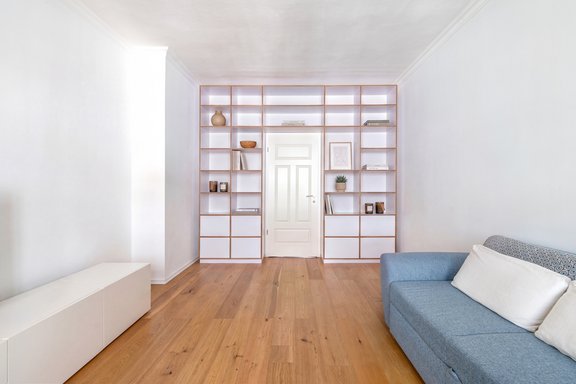 Living room with a custom-built bookshelf