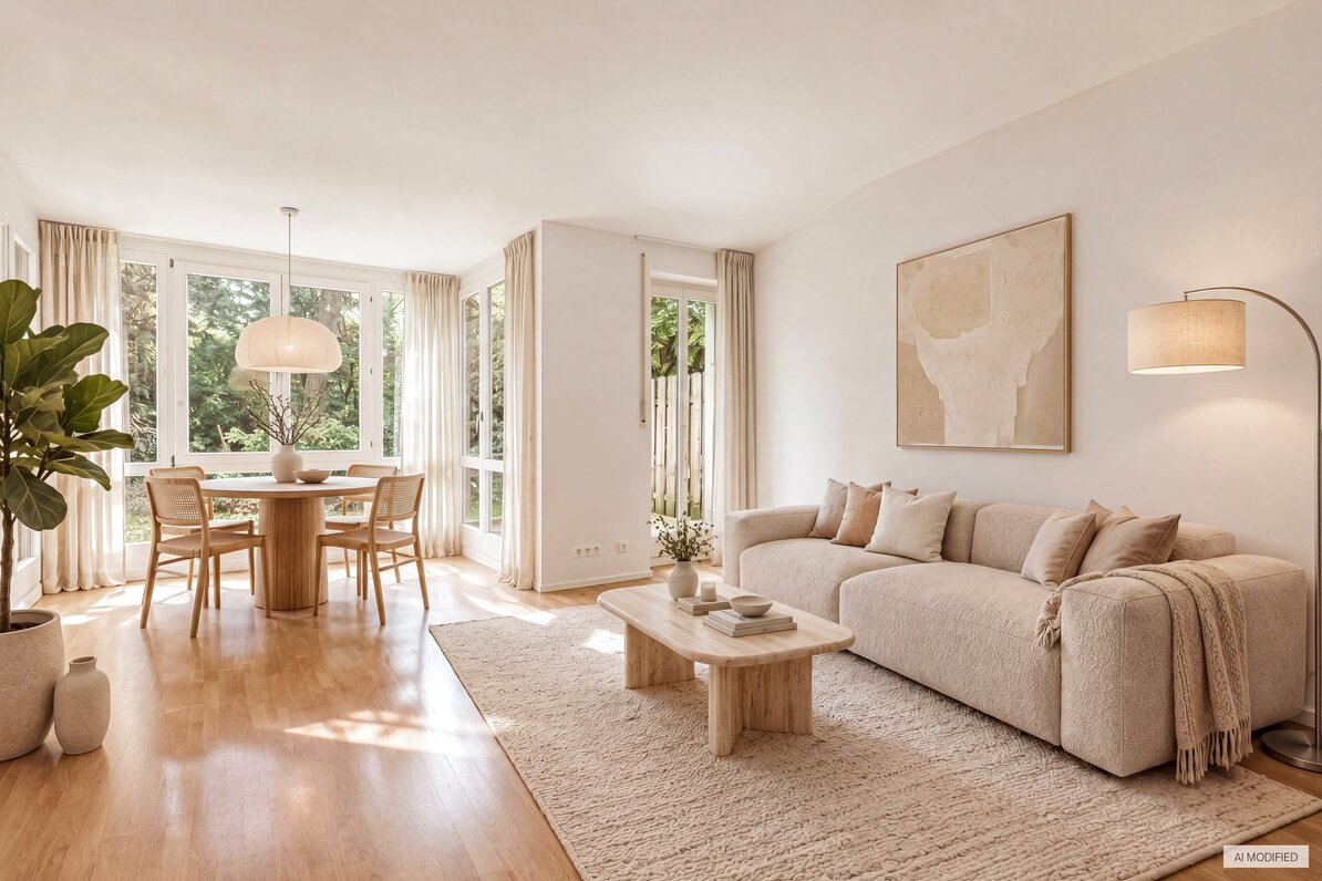 Living room with a bay window and a conservatory-like feel (rendering)