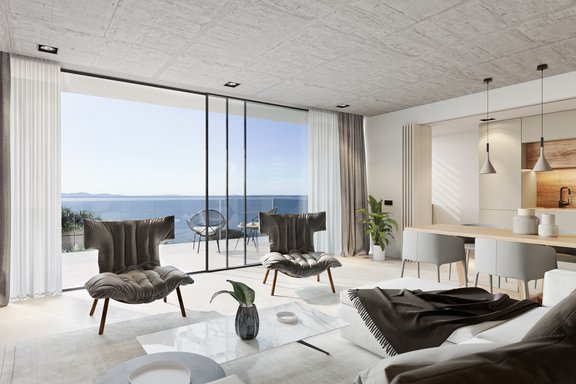 Visualisierung Wohnbereich mit Meerblick