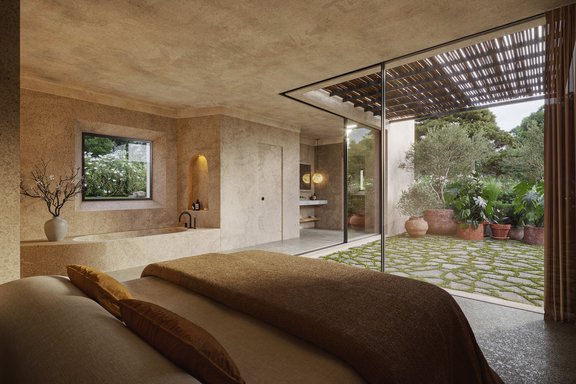 Masterbereich mit integriertem Bad und privater Terrasse