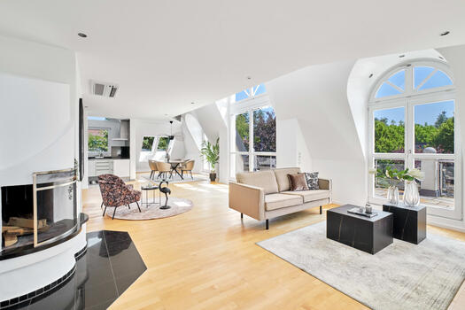 Bright living area with fireplace