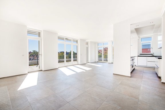 Sunlit living and dining area