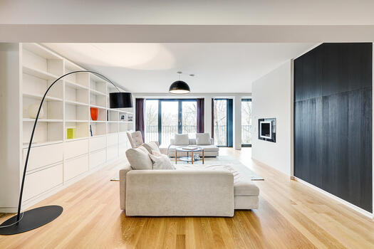 Living room with floor to ceiling windows