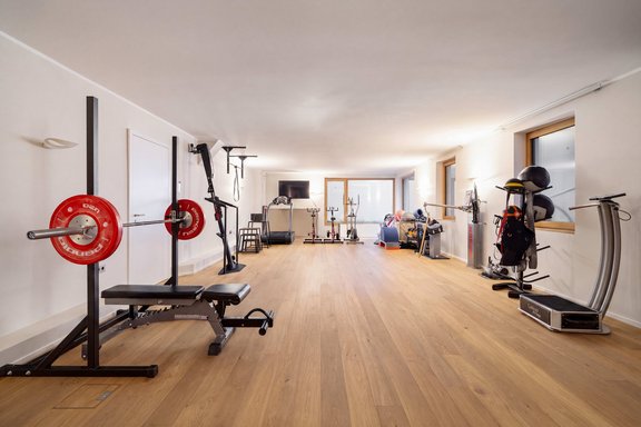 Large home gym with a skylight
