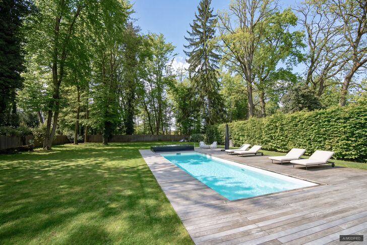 10 m langer Pool mit Pooldeck zum Relaxen in Park-Ambiente