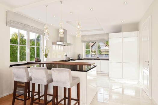 The bar counter combines kitchen and dining area